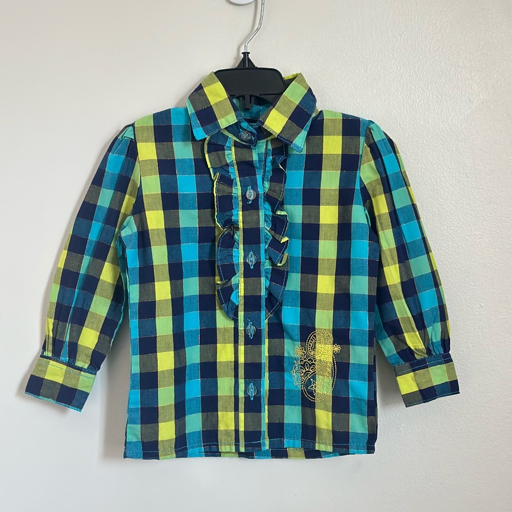 Girls Colorful Plaid Ruffle Long Sleeve Button Down Shirt 2T